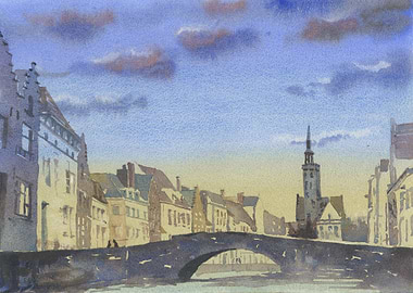 Bruges Belgiums skyline Watercolor Bridge and Town