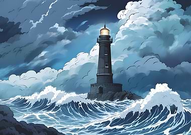 Lighthouse in Stormy Sea