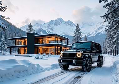Black SUV in Snowy Mountains