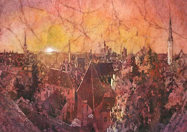 Tallinn Estonia Sunset Cityscape Watercolor