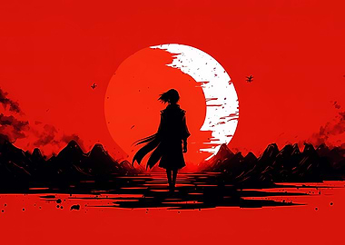 Silhouette Against Red Moon