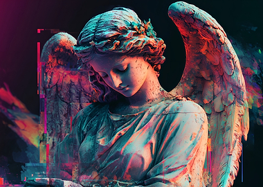Angel Statue in Neon Lights