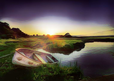 Rowing boat moored at sunset on the River Deben in Suffolk, UK