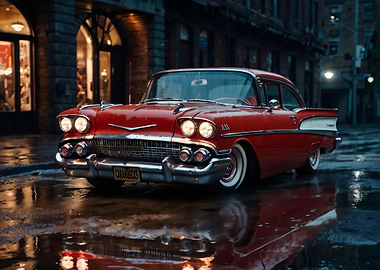 Classic Red Car in City