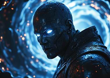 In a swirling vortex of dark blue, an interdimensional being slowly crumbles into pieces