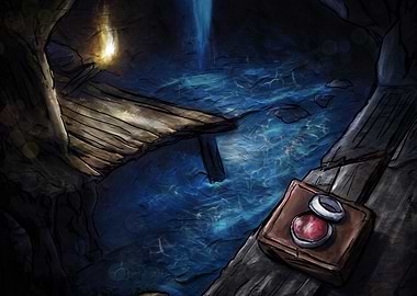Dark Cave with Wooden Dock