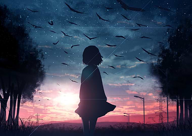 Anime Girl Silhouette Sunset