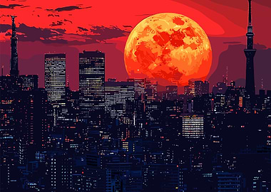 Cityscape with Giant Moon