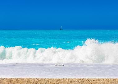 Ocean Waves and Sailboat, Greek Island
