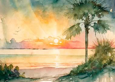 Sunset Beach Watercolor
