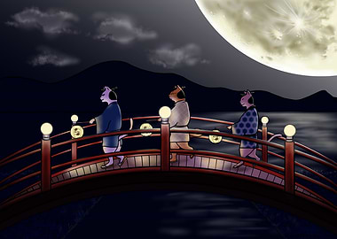 Cats on Moonlit Bridge
