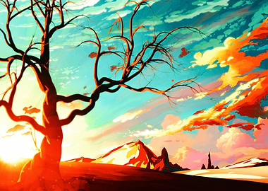 Sunset Landscape with Tree