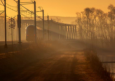 Train in Foggy Sunrise