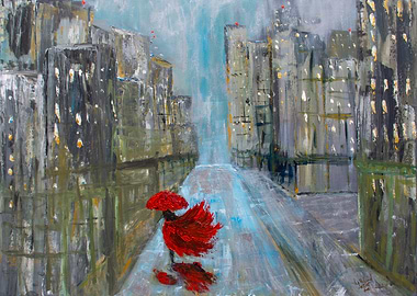 Rainy Cityscape with Lady in Red