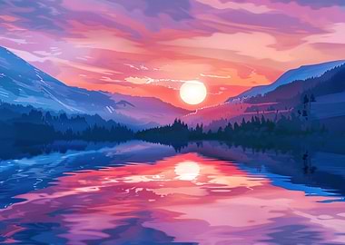 Sunset by Mountains at Lake painted