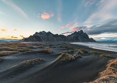 Vestrahorn mountain on Stokksnes cape in Iceland during sunset . One of the most famous travel locations in Iceland