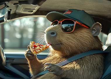 Capybara Eating Pizza in Car