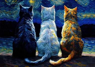 Three Cats Under the Moon