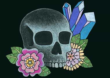 Skull with Flowers and Crystals