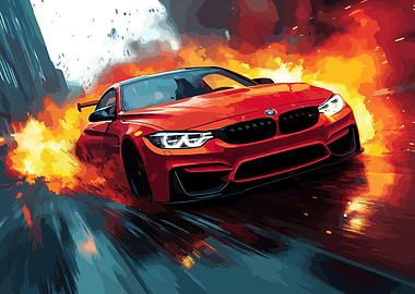 Red BMW Speeding Through Flames