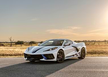 White Corvette with Racing Stripes