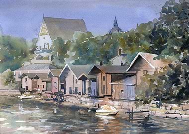 Watercolor Village by the River