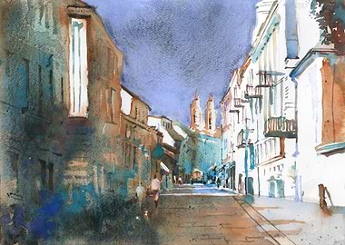 Watercolor City Street Kaunas Lithuania