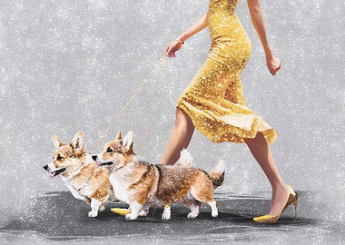 Woman Walking Corgis