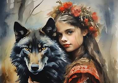 Girl and Wolf Watercolor