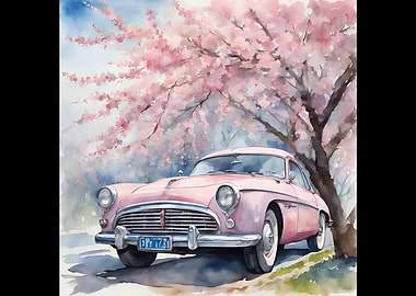 Pink Classic Car Under Cherry Blossoms