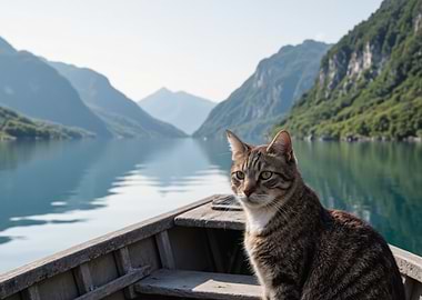 Cat on a Boat in Mountains