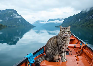 Cat in a Boat on a Fjord