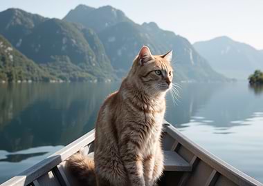 Cat in a Boat on a Lake