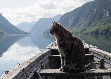 Cat in a Boat by the Lake