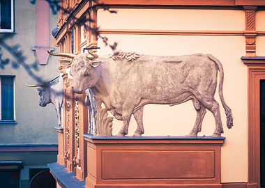 Bull Sculpture on Building