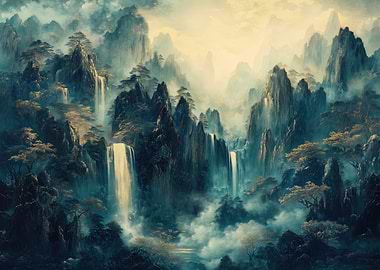 Mystical Waterfalls & Gilded Mountains – Tranquil Landscape