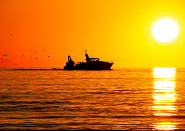 Silhouetted Boat at Sunset