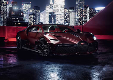 Burgundy Bugatti in Cityscape