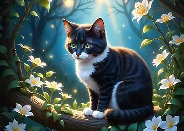 Black and White Cat in Forest