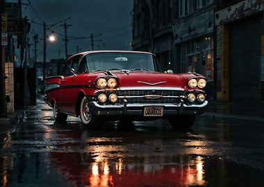 Classic Red Car in City