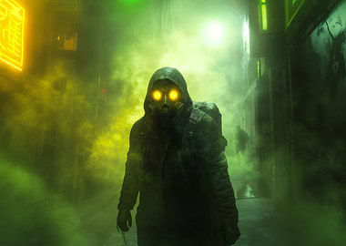 Gas Mask Figure in Foggy Alley