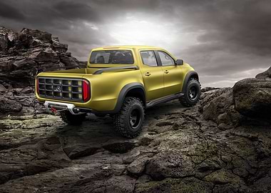 Yellow Pickup Truck on Rocks