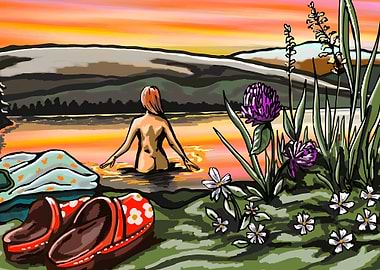Woman Bathing in Sunset Lake