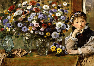 A Woman Seated Beside a Vase of Flowers