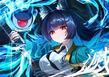 Girl with Sword and Blue Flames