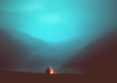 Lonely Campfire in the Mountains