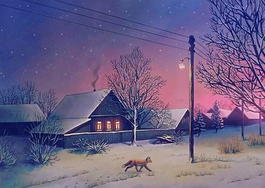 Snowy Village Night