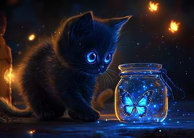 Black Kitten and Glowing Butterfly