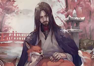 Man with Foxes in Snowy Landscape