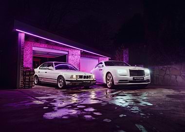 White Luxury Cars in Garage
